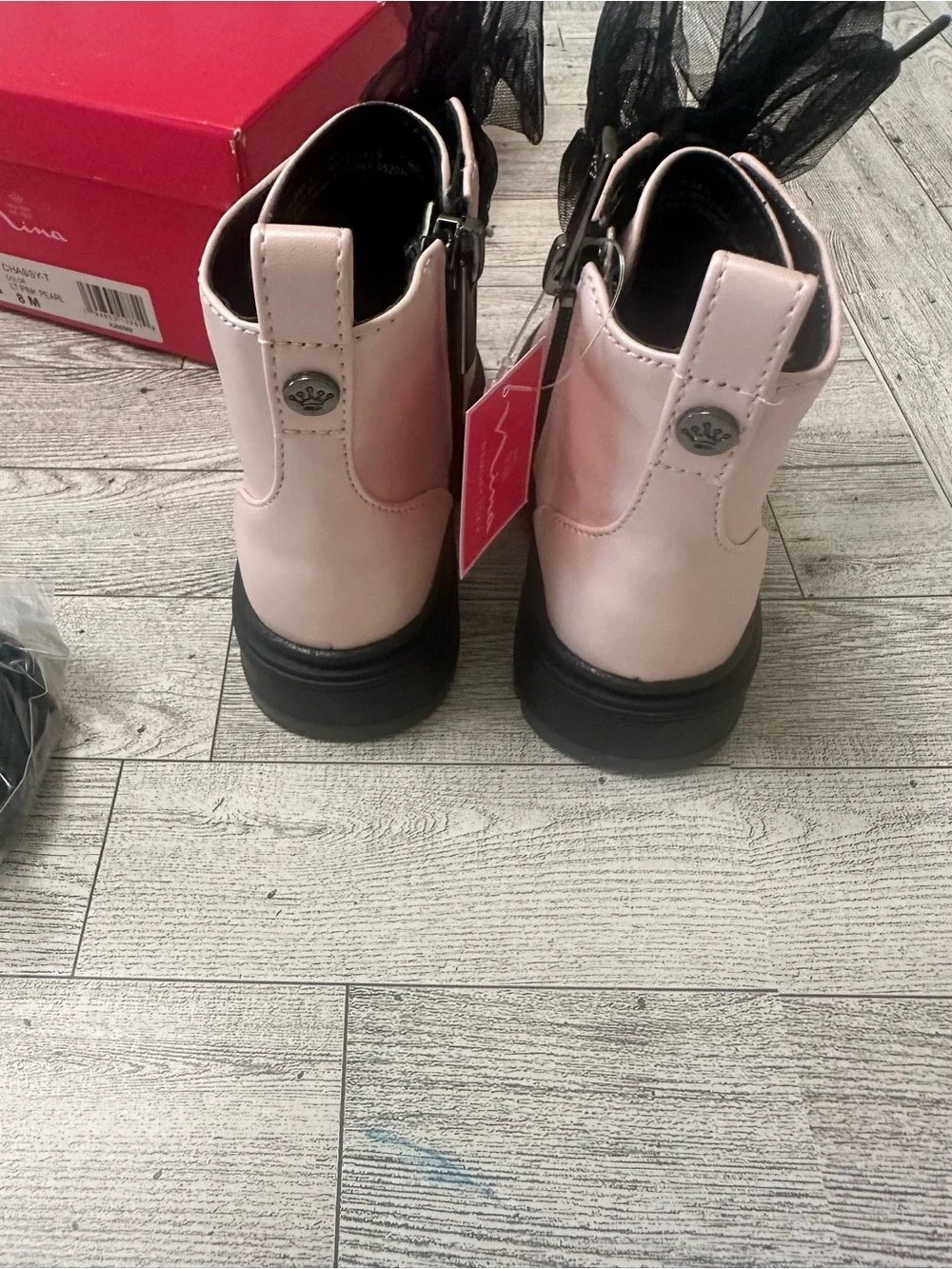 New! Nina Kids Pink Combat Boot with Black Tulle Bow side zipper size 8C